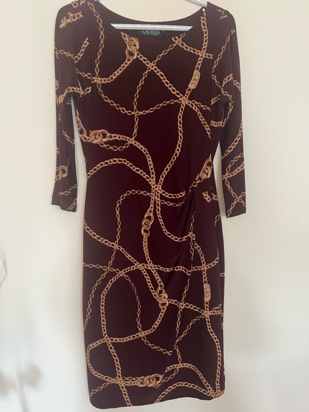 Lauren Ralph Lauren Burgundy Sheath Dress with Gold Chain Print
